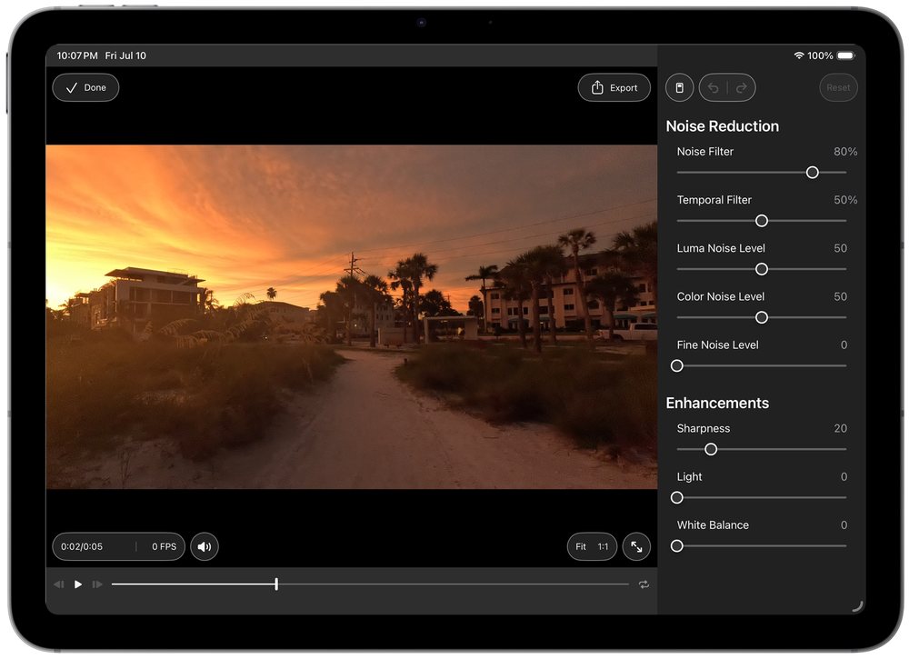Noiseware on iPad: a sunset video with the Noise Filter and Temporal Filter sliders