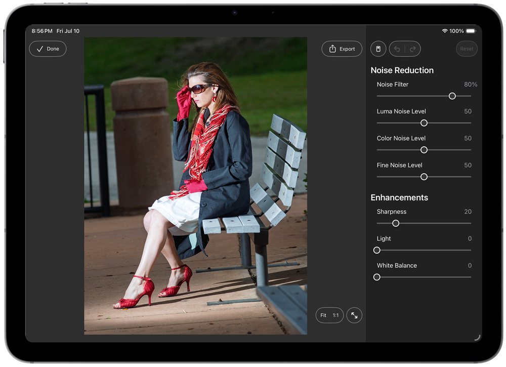 Noiseware on iPad: a portrait open in the editor with the Noise Reduction panel