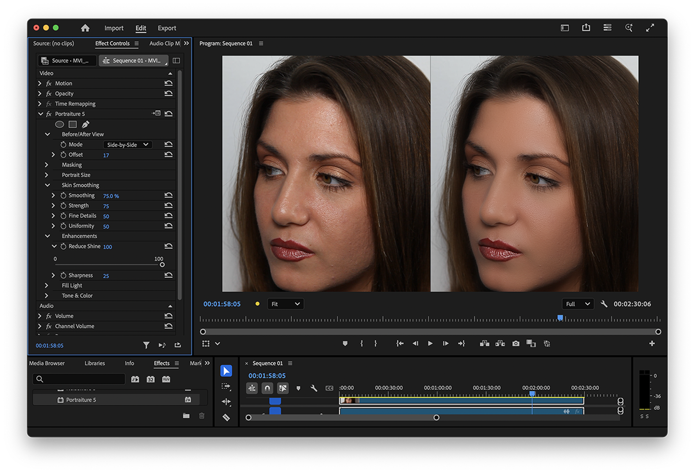 Portraiture Video shine removal and fill light